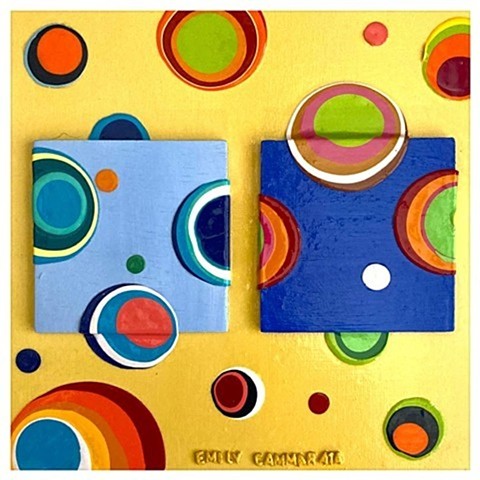 AROUND THE BLOCK #2, Acrylic Circles, on Repurposed wood by Emily Cammarata.