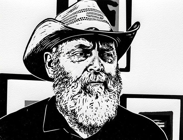 Cowboy Mike, rough wip linocut