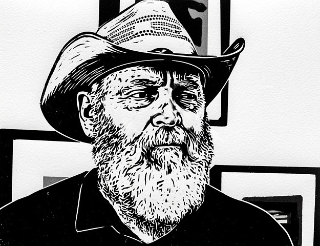 Cowboy Mike, rough wip linocut