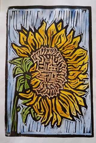 Sunflower w rust center easy cut print w watercolors