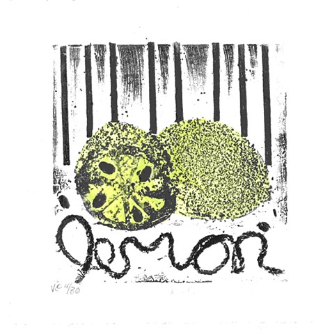 Lemon collagraph w watercolor 