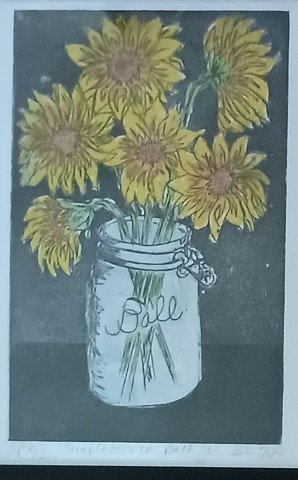 Sunflowers in Ball Jar w watercolors