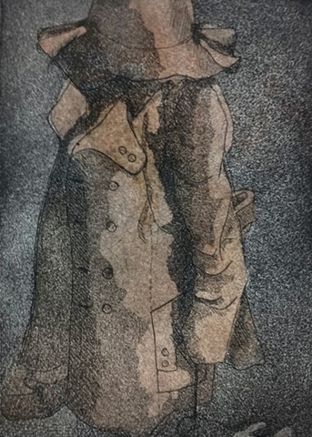This etching was printed in 1972 - and watercolored in 2023.  This was the coat I wore in college with my mittens on a string through it.