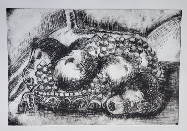 Bowl of fruit drypoint 