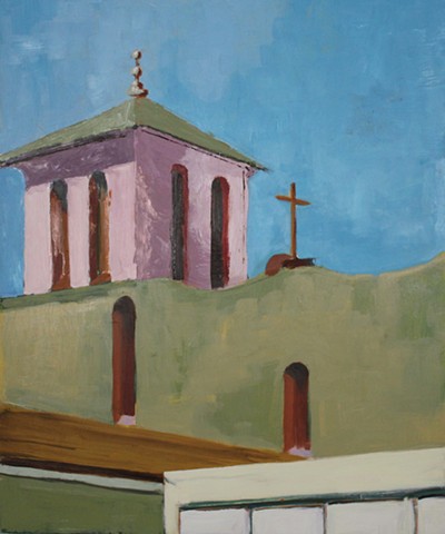 Church Steeple, with blue, pink, and green