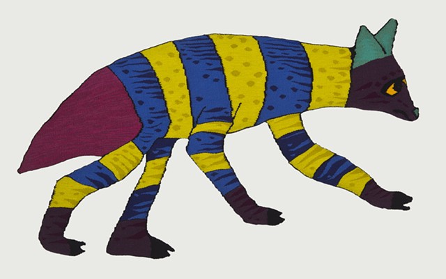 "Saul Alegria's 'Aardwolf'" is a shaped handwoven tapestry of wool on cotton. 42 in. x 29 in. 