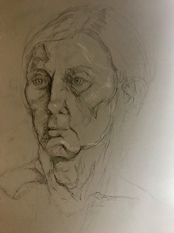 Portrait in charcoal pencil, charcoal, and chalk on tinted paper
