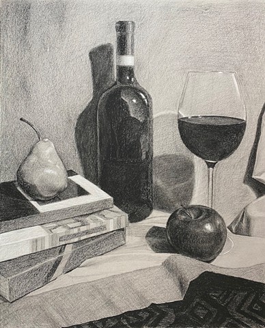 Still life with wine, fruits, and books