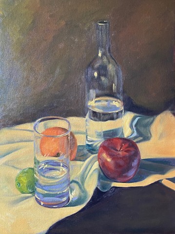 Still life with bottle, glass, and fruits