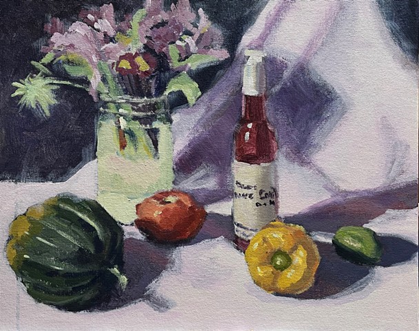 Still life with ginger-ale, vegetables, and flowers