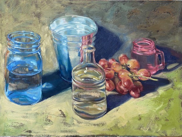 Still life with jars, glass, tin vase, and grapes