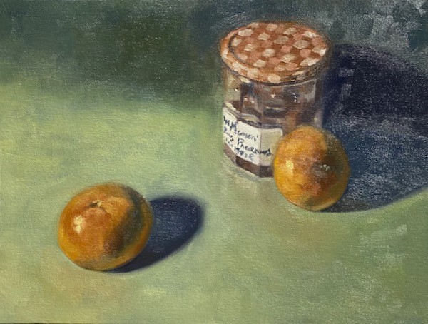 Still life with clementines and jar of jam