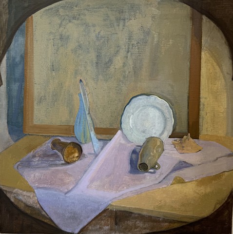 Bottles and Plate on Purple Cloth