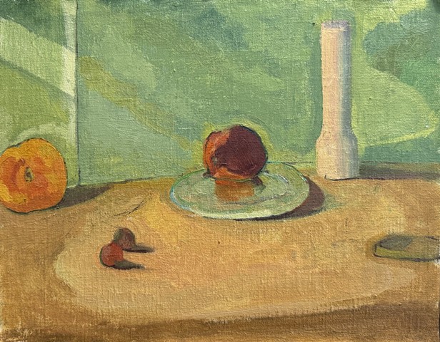 Plum with Metal Plate and Green Background