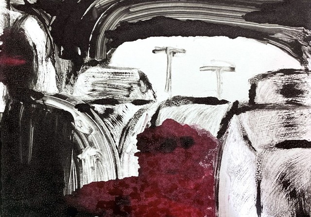 A print in black and red that depicts the backseat of a car from the view of the driver seat. A small red figure sits in the back, and a tall black figure sits in the front passenger seat.