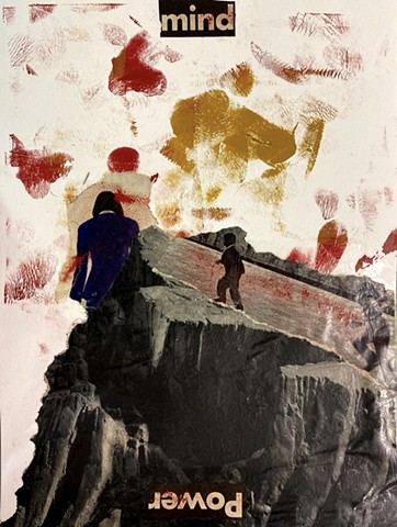 A collage with red and gold ink. It depicts children running up a mountain, with a woman in a suit at the top of the mountain. The word "power" is upside down at the bottom, and the word "mind" at the top.