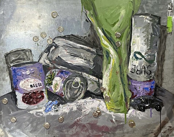 A painting of various items (canned beets, canned asparagus, a bathtub, a toycar, spray-on deodorant, and a pacifier) on a worn piece of metal.