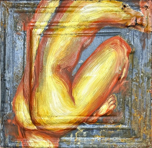 An oil painting in various shades of rust depicting a partial figure.