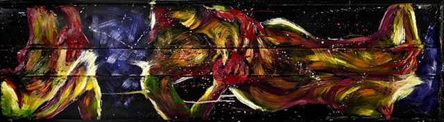 A colorful oil painting on an old metal cabinet door depicting three bodies in motion and connected to each other.