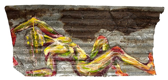 A colorful oil painting on a piece of rusted scrap metal depicting a figure pushing against the boundaries of the picture plane.