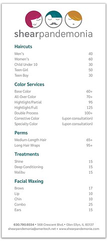 Shear Pandemonia Salon - Price Menu