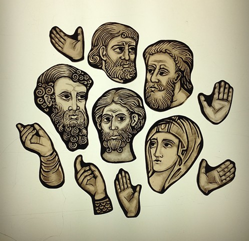 Canterbury Tales heads, (executed for Sunlites Stained Glass, NYC)