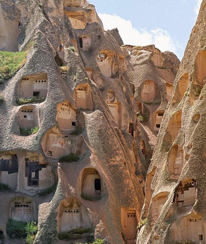 The exterior of the cave churches in Cappadocia, Turkey. These 800 year old monastic complexes served as the model for the icon painting.