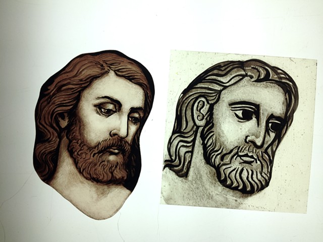 two versions of the same head, Classical and gothic style. (executed for Sunlites Stained Glass, NYC) 