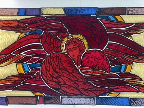 on of the painted Cherubin panels on the light table
