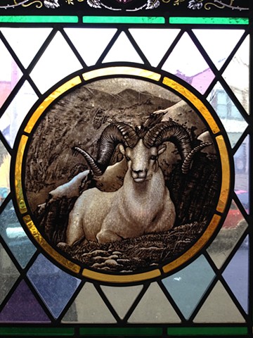 Big Horn sheep panel (one of 8 roundels of animals painted for a lodge, painted for Sunlites stained Glass, NYC)