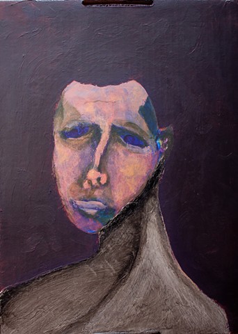 acrylic self-portrait painting from the shoulder up. The shoulders to the neck is gessoed and painted in ink. The head is in acrylic and depicted up to the widow-peaked hairline. Background is a deep purple