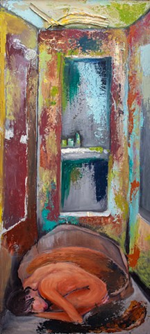 Oil painting of a figure laying down in a shower, which makes up the composition of the piece. The shower is textured and varies in tones, shapes, splotches.