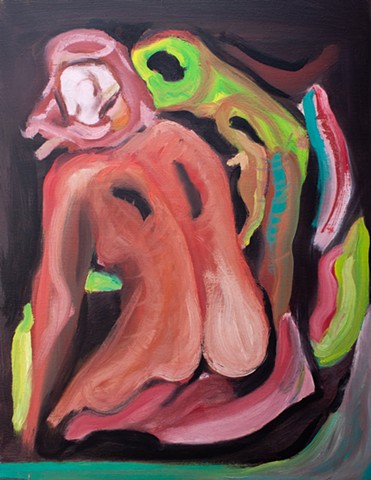 Abstract oil painting with a vague figure seen from behind on their knees hunched over. to the right is a large abstracted gun in green, proportional to the figure. The figure is in orange-red tones with highlights. Black baground