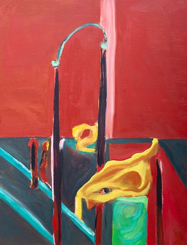 oil painting of a surrealist landscape. In the foreground an abstracted left profile of a face in yellow, showing just the eye. Red background and a dark grey-blue foreground with black vertical lines that cast a light blue shadow.