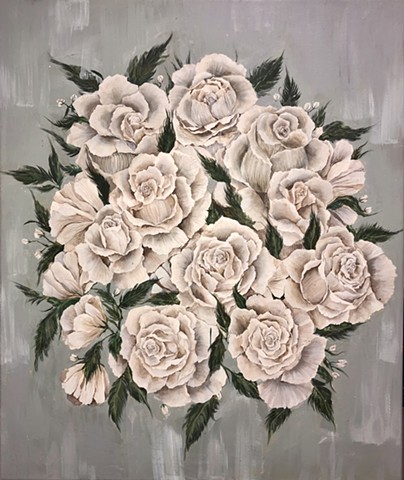 (Vanilla roses on a pale, sage background.)