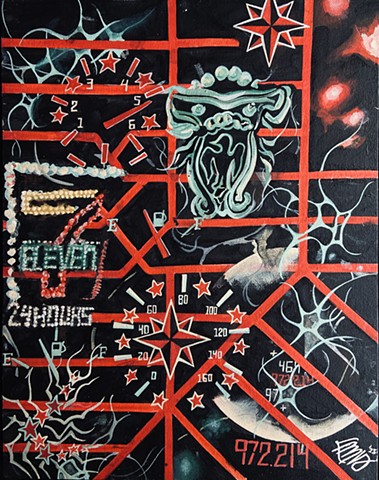 (Red lines light the streets 24/7. The meter drops, the gas runs out. The dark dissipates too quickly but the 7/11 shimmers just right.  972.214.469.)