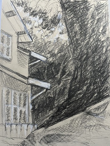 graphite sketch,blabk and white, plein air drawing, outdoors