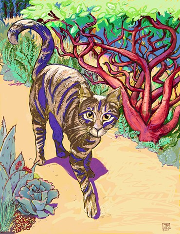 a digital drawing of a tabby cat among native California plants 