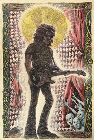 rock musician with electric guitar on stage in illuminated manuscript