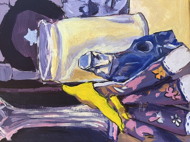 Still-life of collected objects in purple and yellow