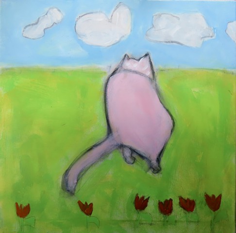 Late Spring Cat In the Pink with Tulips
