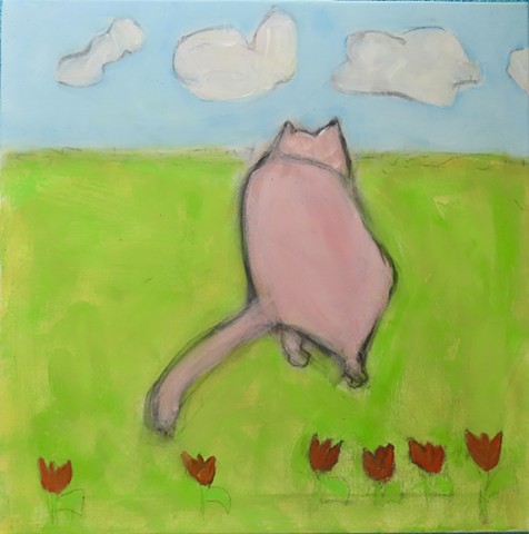 Late Spring Cat In the Pink with Tulips