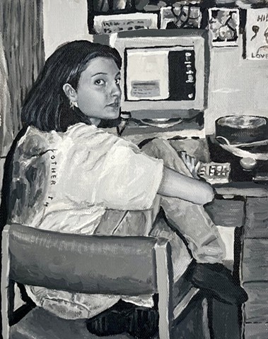   This painting was originally done at the end of my sophomore year as my final project for my Intro to Visual Arts class. The assignment was to create a portrait of an influential woman who was a member of your family. Because the photo was black and white, I chose to keep its monochromatic color scheme.