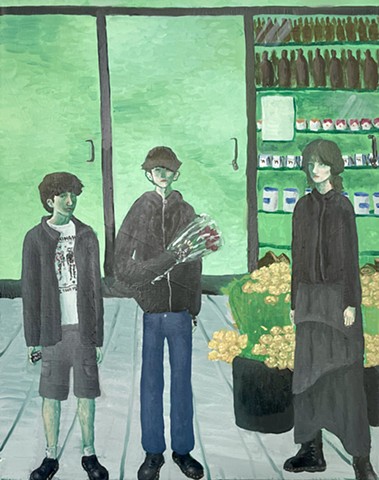  This was also a final painting, from the December exam period of my semester 1 painting class from my junior year. It was a project on an artist that you draw inspiration from, so I picked Salman Toor. The painting itself is an image of myself, my sister, and my friend at the grocery store buying flowers, a tradition that takes place before we go to watch another friend perform in school plays. To create it, I chose to try to restore an abandoned canvas left in the art room, which proved a bit difficult, but I am happy with how it turned out.