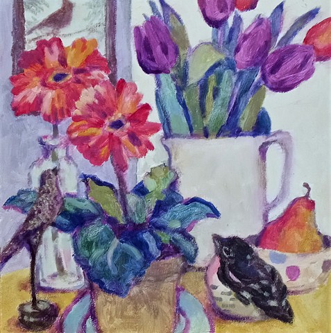 Gerbera, Tulips, Pear, and 3 Birds