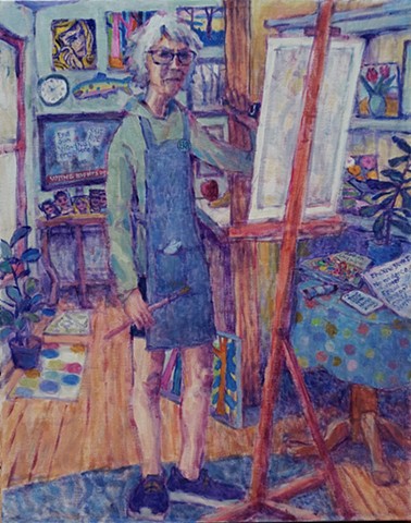 Lynn Gilchrist self portrait in her studio titled Worried.