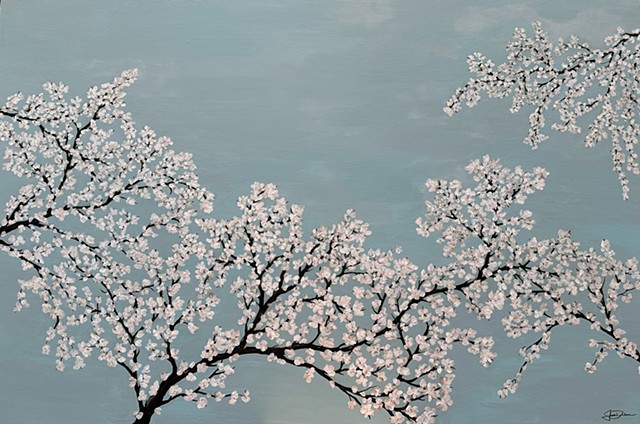 Japanese Cherry Blossom Sakura Round Painting on Canvas,  White, Flower Botanical Art, Spring Home Décor