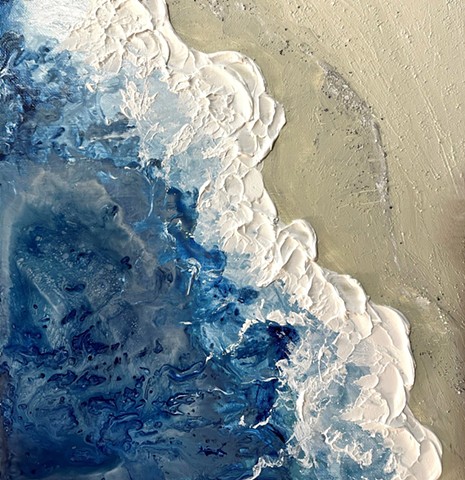 Ocean Wave Sandy Beach Water Ariel View Abstract Textured Acrylic Painting on Canvas, Blues, Beige, White, Textured Art