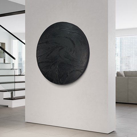 Round Black Textured Art, Wabi Sabi, Japandi, Black Circle Abstract painting, Large 3D Painting, Plaster Art, Industrial Art, Matte Black