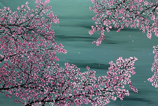 Japanese Cherry Blossom Painting - Sakura Wall Art - Pink Flower Art- Abstract Spring Home Décor Pink White Blue - Living Room